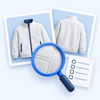 Illustration of front and back garment photos, a magnifying glass and an inspection checklist