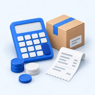 Illustration of a calculator, parcel, coins and receipt for planning a shopping budget