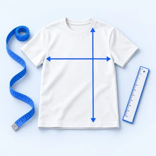 Illustration of a T-shirt with chest and length arrows, measuring tape and ruler